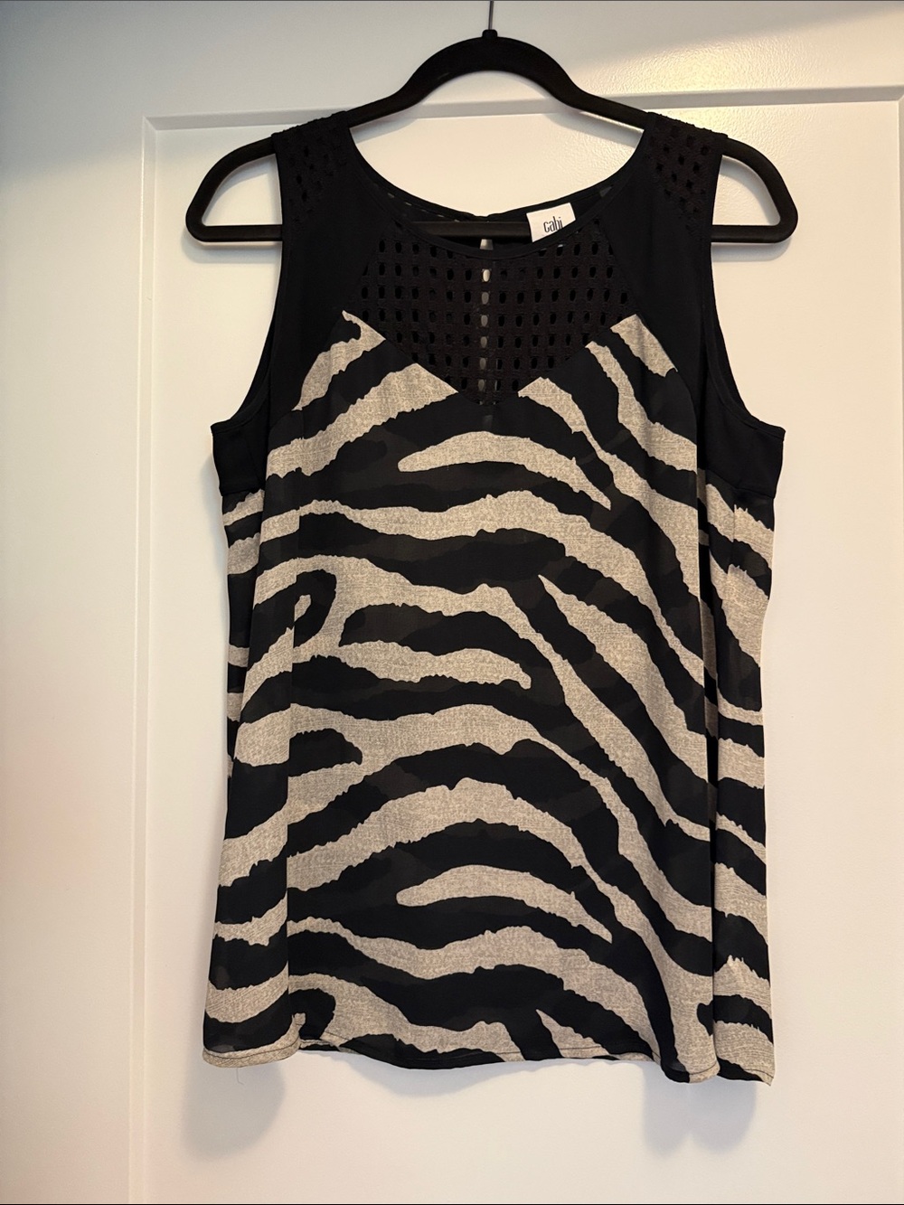 CAbi Black and Cream Zebra Print Sleeveless Top